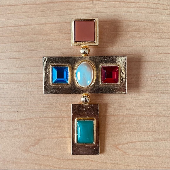 Vintage Yves Saint Laurent Golden Cross Brooch with Semiprecious Stones - Picture 1 of 7